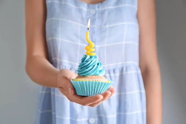 Woman Holding Delicious Birthday Cupcake Burning Candle Closeup — Stock Photo, Image