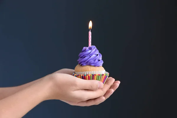 Female Hands Holding Delicious Birthday Cupcake Burning Candle Dark Background — Stock Photo, Image