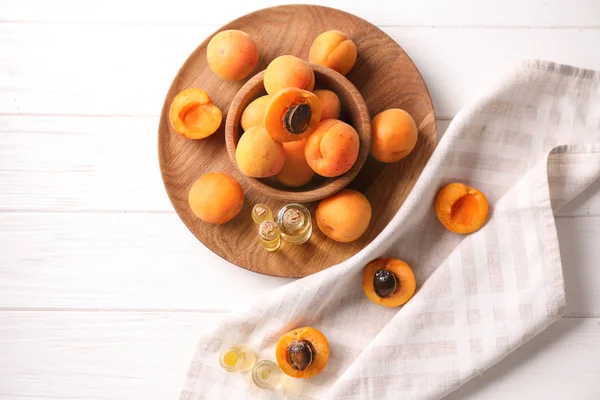 Composition Apricot Essential Oil Wooden Background — Stock Photo, Image