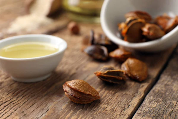 Bowl Apricot Essential Oil Wooden Table — Stock Photo, Image