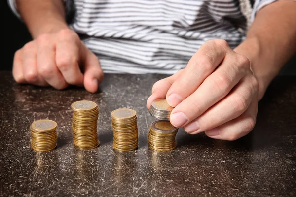 Man Stacking Coins Table Closeup Savings Concept — Stock Photo, Image