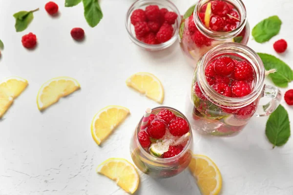 Glass Jars Fresh Raspberry Mojito White Table — Stock Photo, Image