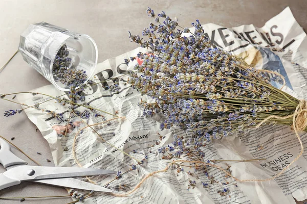 Bunch Beautiful Blooming Lavender Flowers Crumpled Newspaper — Stock Photo, Image