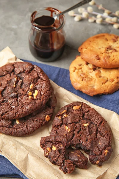 Tasty Chocolate Cookies Grey Table — Stock Photo, Image