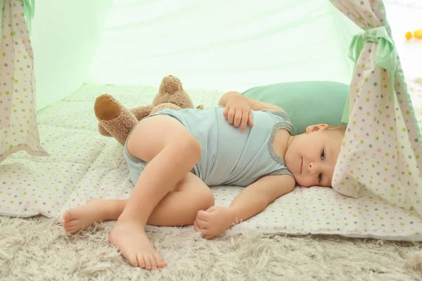 Cute Little Boy Lying Floor Indoors — Stock Photo, Image