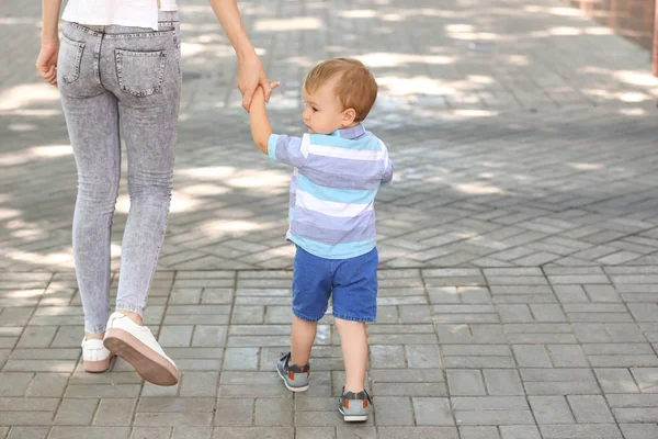 Cute Little Boy Walking His Mother Outdoors — Stock Photo, Image