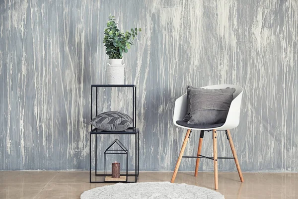 Stand Armchair Soft Pillows Grey Wall Indoors — Stock Photo, Image