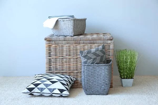 Soft Pillows Wicker Baskets Light Wall Indoors — Stock Photo, Image