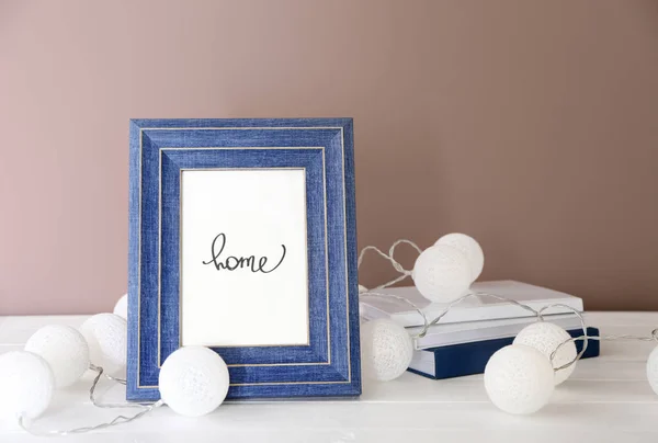 Frame Word Home Books Garland White Wooden Table — Stock Photo, Image