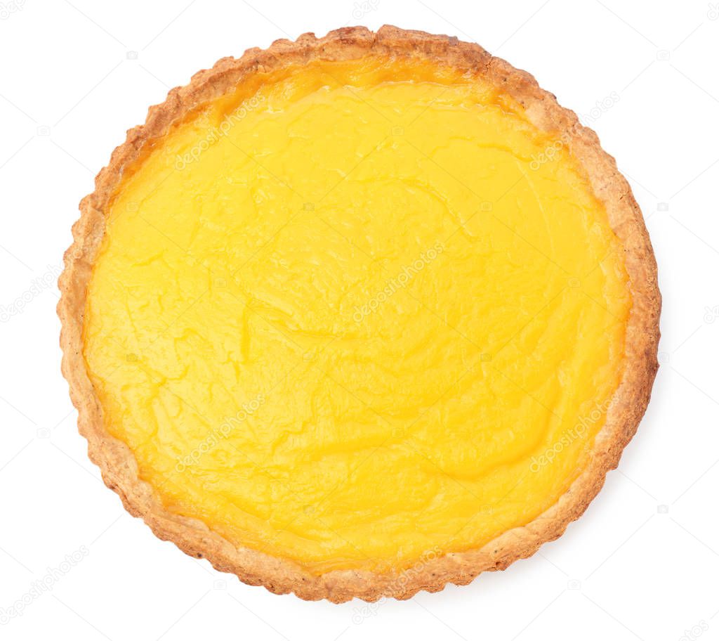 Delicious lemon pie on white background