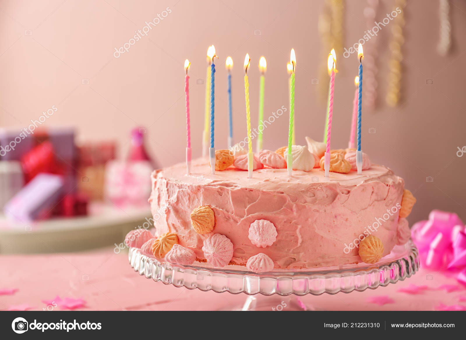 Beautiful Tasty Birthday Cake Candles Dessert Stand Stock Photo