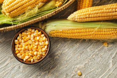 Taze mısır koçanı ve çekirdekleri tablo ile kase