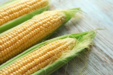 Ahşap zemin, closeup üzerine taze mısır koçanı
