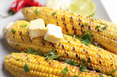 Lezzetli ızgara mısır koçanı plaka, closeup tereyağı ile