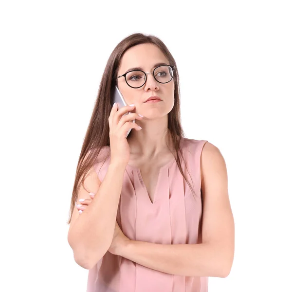 Retrato Una Hermosa Mujer Negocios Hablando Por Teléfono Móvil Sobre —  Fotos de Stock