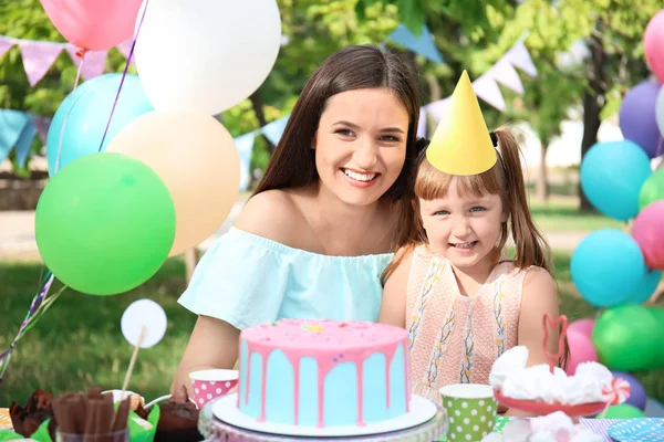 Cute Little Girl Her Mother Birthday Party Outdoors — Stock Photo, Image