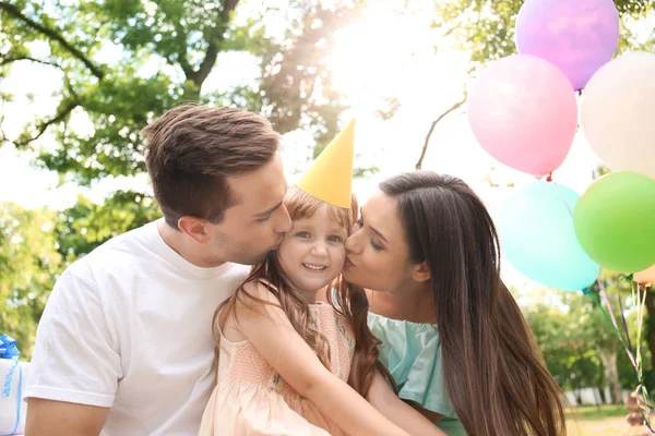 Cute Little Girl Her Parents Birthday Party Outdoors — Stock Photo, Image