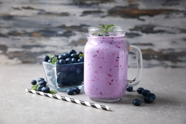 Mason Jar Tasty Blueberry Smoothie Light Table — Stock Photo, Image