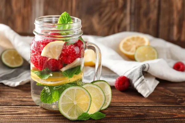 Mason Jar Fresh Raspberry Mojito Wooden Table — Stock Photo, Image