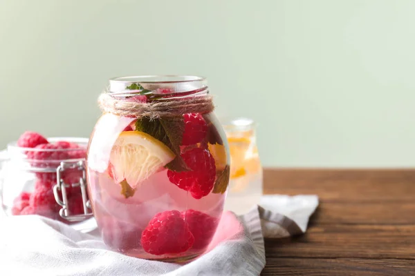 Pot Verre Mojito Framboise Frais Sur Table Bois — Photo