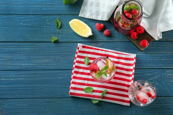 Glasses Bottle Fresh Raspberry Mojito Wooden Table — Stock Photo, Image