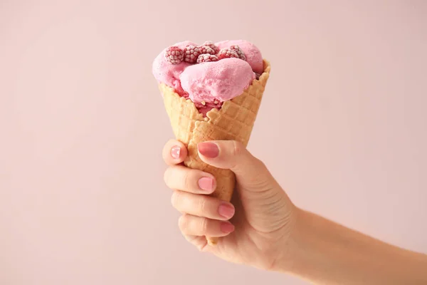 Woman Holding Waffle Cone Delicious Raspberry Ice Cream Color Background — Stock Photo, Image