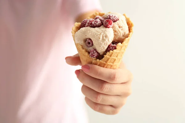 Woman Holding Waffle Cone Delicious Ice Cream Raspberries Light Background — Stock Photo, Image
