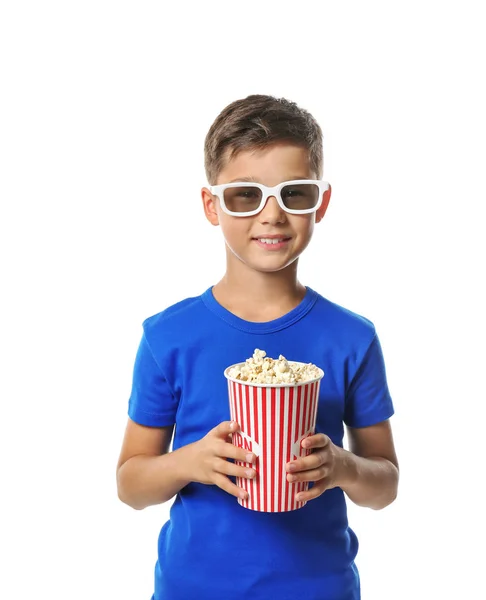 Schattige Kleine Jongen Met Kop Popcorn Bioscoop Bril Witte Achtergrond — Stockfoto