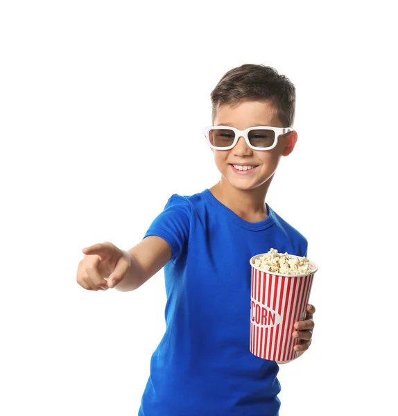 Cute Little Boy Cup Popcorn Watching Movie White Background — Stock Photo, Image