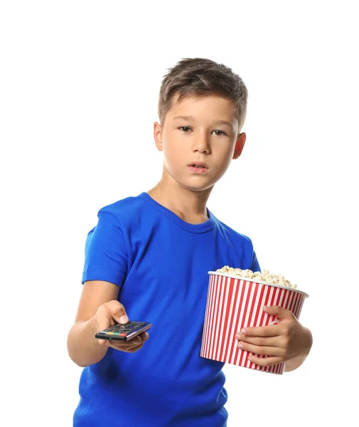 Cute Little Boy Cup Popcorn Switching Channels White Background — Stock Photo, Image