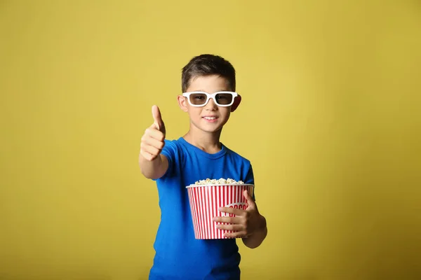 Cute Little Boy Cup Popcorn Watching Movie Showing Thumb Gesture — Stock Photo, Image