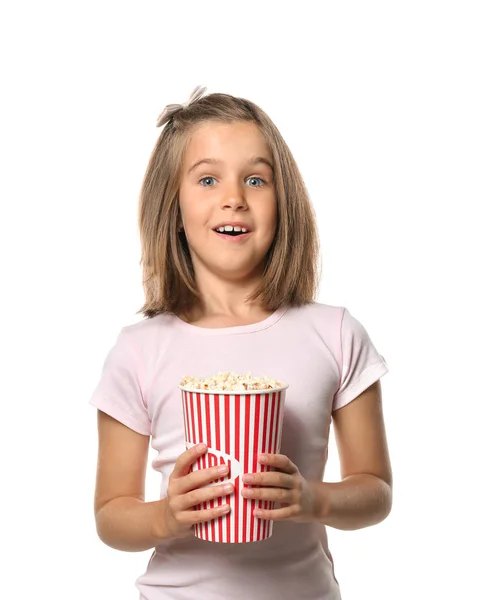 Emotional Little Girl Cup Popcorn White Background — Stock Photo, Image