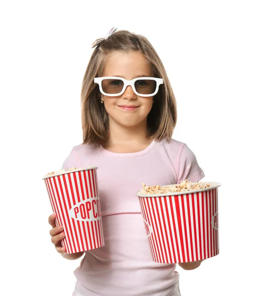 Schattig Klein Meisje Met Cups Van Popcorn Een Bioscoop Bril — Stockfoto