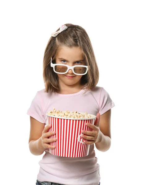 Linda Niña Con Una Taza Palomitas Maíz Con Gafas Cine — Foto de Stock