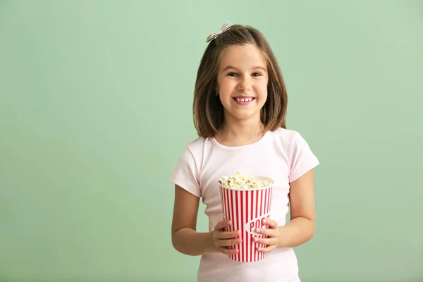 Cute Little Girl Cup Popcorn Color Background — Stock Photo, Image