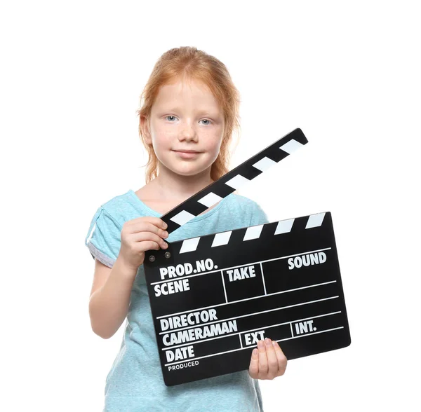 Cute Little Girl Clapper Board White Background — Stock Photo, Image