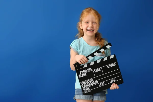 Cute Little Girl Clapper Board Color Background — Stock Photo, Image