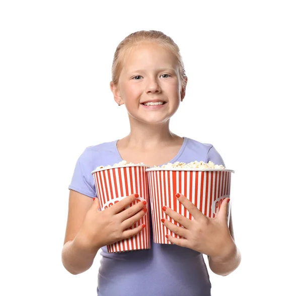 Cute Little Girl Cups Popcorn White Background — Stock Photo, Image