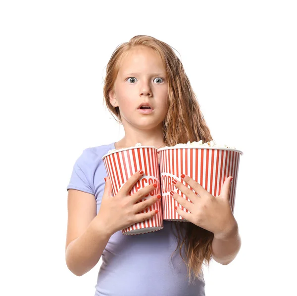 Emotional Little Girl Cups Popcorn Watching Movie White Background — Stock Photo, Image