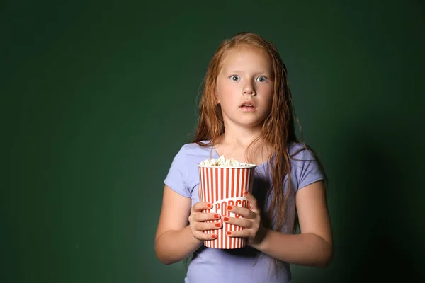 Emotional Little Girl Cup Popcorn Watching Movie Color Background — Stock Photo, Image