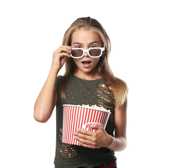 Emotional Little Girl Cup Popcorn Wearing Cinema Glasses White Background — Stock Photo, Image