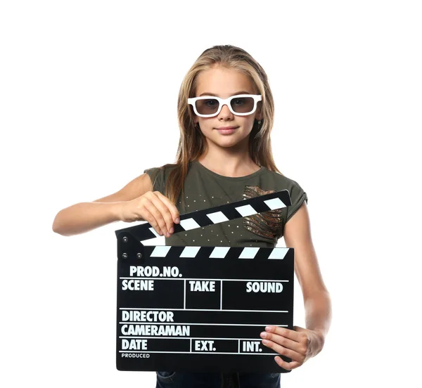 Cute Little Girl Clapper Board Wearing Cinema Glasses White Background — Stock Photo, Image