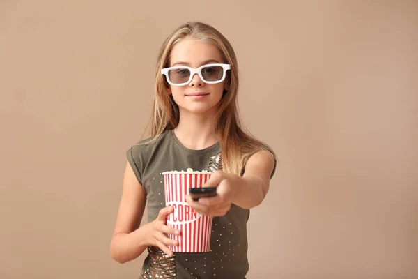 Cute Little Girl Cup Popcorn Switching Channels Color Background — Stock Photo, Image