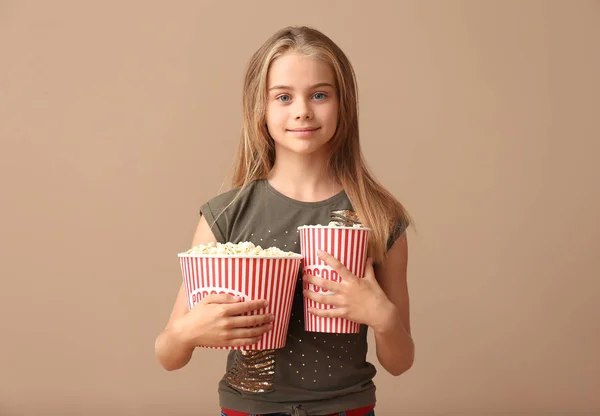 Cute Little Girl Cups Popcorn Color Background — Stock Photo, Image