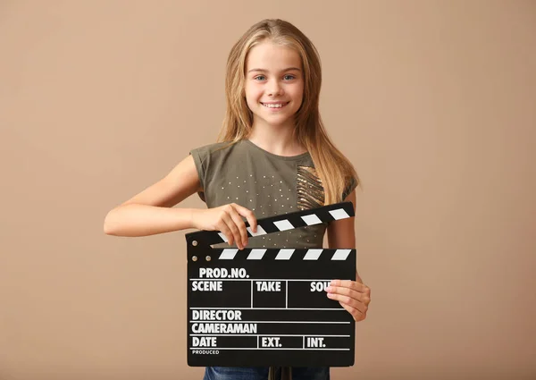 Cute Little Girl Clapper Board Color Background — Stock Photo, Image