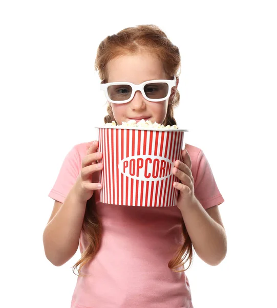 Cute Little Girl Cup Popcorn Wearing Cinema Glasses White Background — Stock Photo, Image