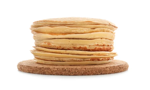 Wooden Board Stack Tasty Thin Pancakes White Background — Stock Photo, Image