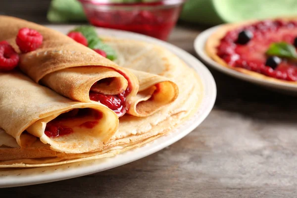 Rolled Thin Pancakes Sweet Jam Berries Plate Closeup — Stock Photo, Image