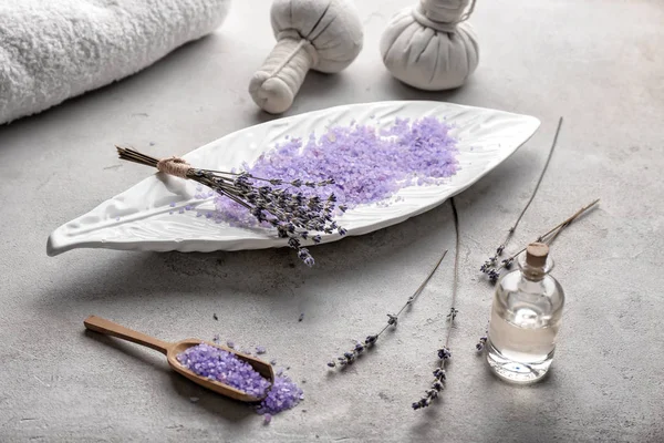 Sea Salt Spa Lavender Essential Oil Table — Stock Photo, Image