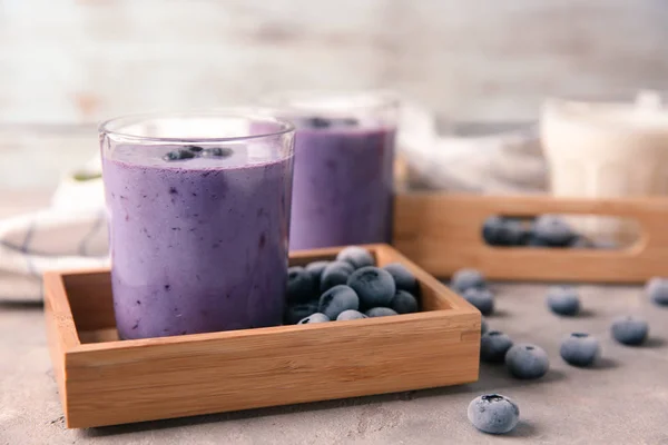 Glass Tasty Blueberry Smoothie Frozen Berries Wooden Box Table — Stock Photo, Image